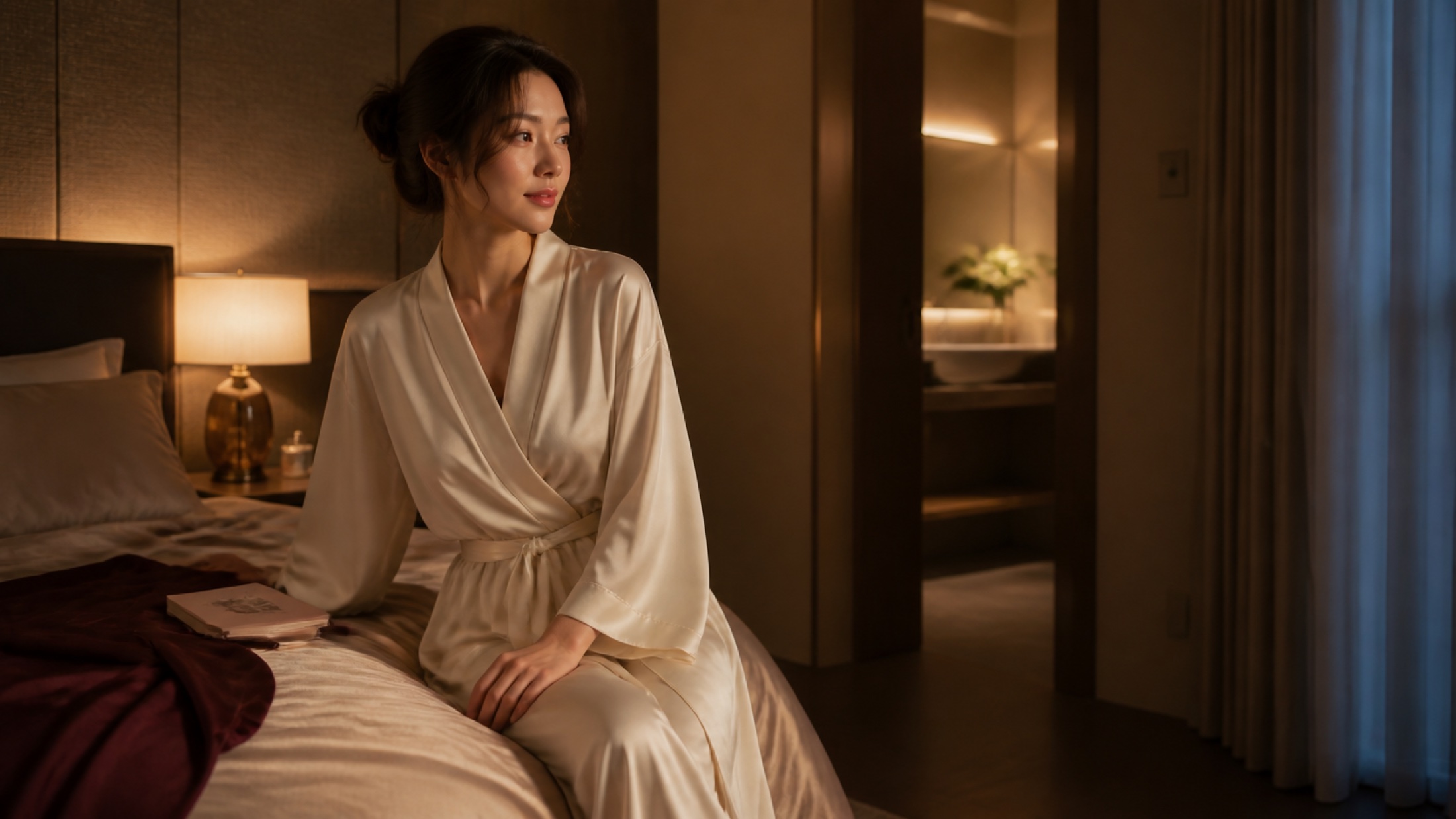 女性夜晚坐在床邊進行 DIVA 日常私密保養的居家照護情境